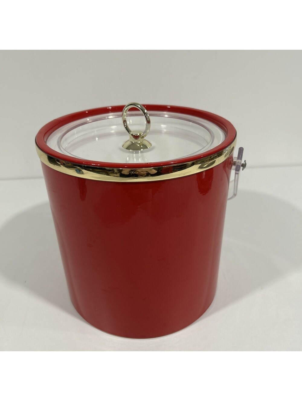 Vintage Red Vinyl Ice Bucket Gold Trim/Lid Ring USA Barware Art Deco
